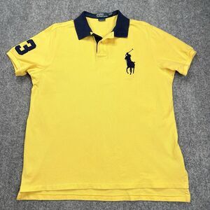VTG Polo Ralph Lauren Big Pony Rugby Polo Shirt Yellow Navy Mens XL Custom Fit